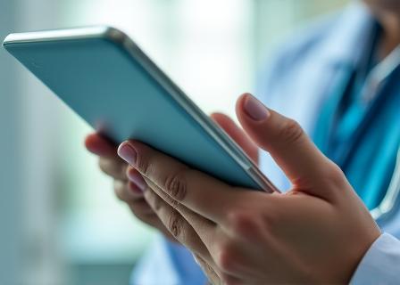 Medical professional using a digital tablet for data entry